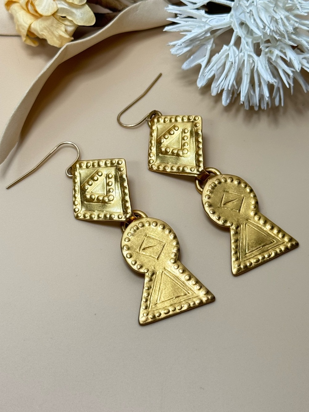 Vintage Gold Tone Geometric Tribal Style Dangle Earrings